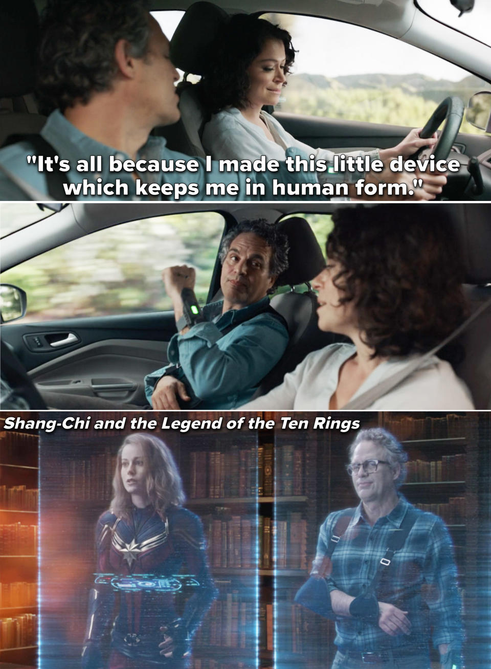 Bruce in the car with Jen and the Bruce hologram next to Captain Marvel's hologram in Shang-Chi