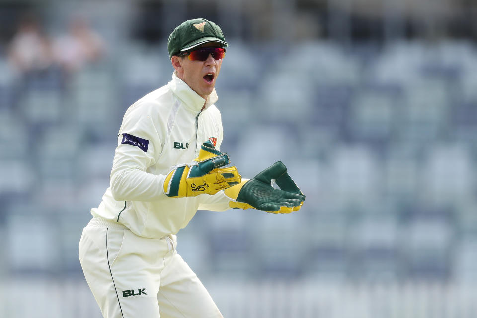 Tim Paine (pictured) reacts during day four of a Sheffield Shield match.