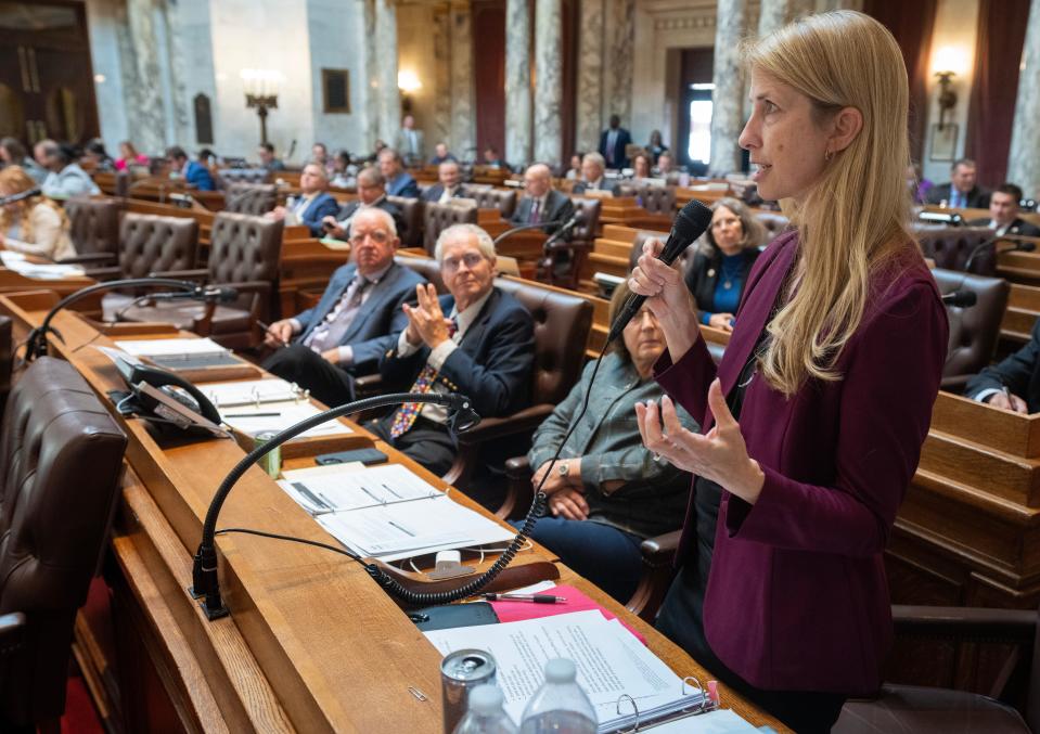 State Rep. Joy Goeben (R-Hobart) speaks during the Assembly session Thursday, September 14, 2023 at the Capitol in Madison, Wis.