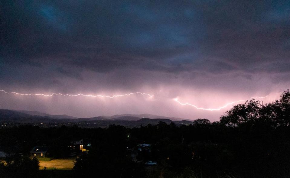 A thunderstorm with heavy lightning moved through Boise, seen here from Federal Way looking north, on Thursday night, Sept. 15, 2022. 