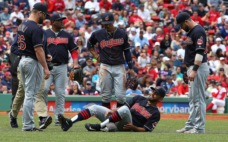 <p>Danny Salazar (31) of the Cleveland Indians reacts after he was hit by a batted ball in the first inning against the Boston Red Sox at Fenway Park on May 22, 2016 in Boston, Massachusetts. (Jim Rogash/Getty Images) </p>