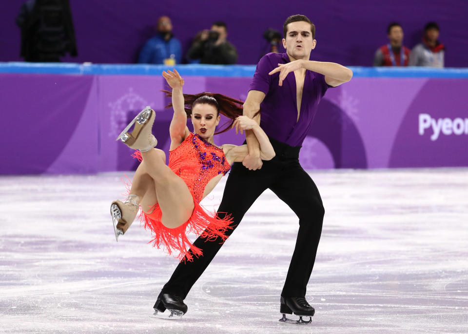 <p>Marie-Jade Lauriault and Romain Le Gac of France compete in the Figure Skating Team Event – Ice Dance – Short Dance on day two of the PyeongChang 2018 Winter Olympic Games at Gangneung Ice Arena on February 11, 2018 in Gangneung, South Korea. (Photo by Jamie Squire/Getty Images) </p>