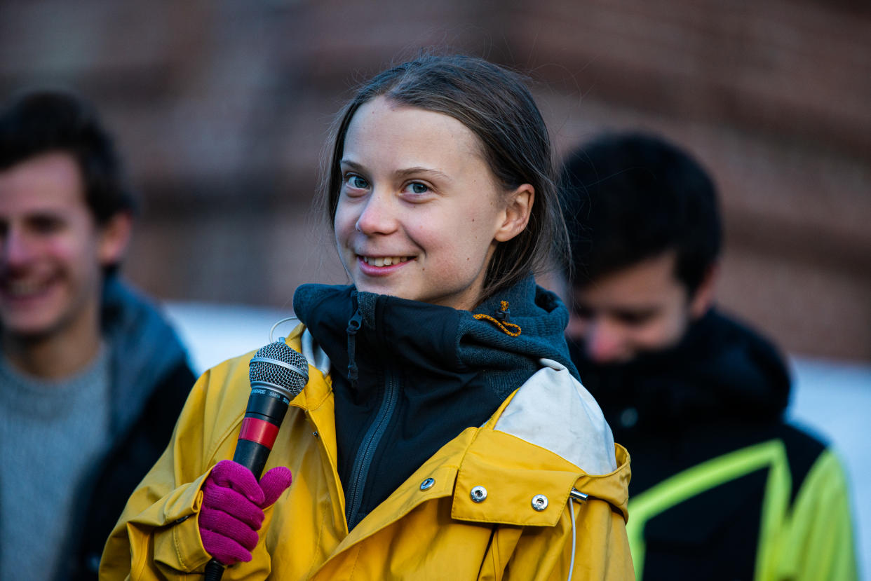 TURIN, PIEDMONT/TURIN, ITALY - 2019/12/13: The Swedish activist Greta Thunberg speaks in Piazza Castello during the Friday for future in Turin, Italy. (Photo by Alberto Gandolfo/Pacific Press/LightRocket via Getty Images)