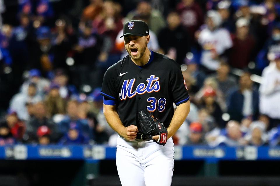 Mets pitcher Tylor Megill celebrates one of his five strikeouts in Friday's combined no-hitter against the Phillies at Citi Field.