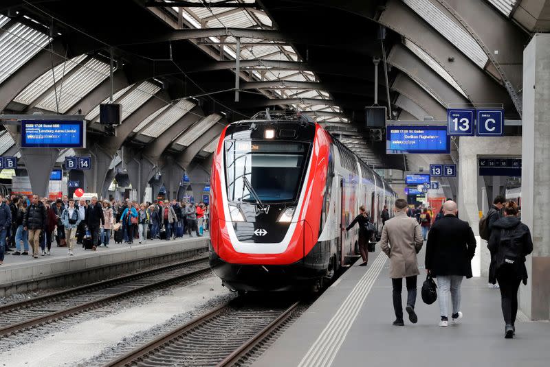 FILE PHOTO: The Bombardier FV-Dosto double-deck train "Ville de Geneve" of Swiss railway operator SBB is seen at the central station in Zurich