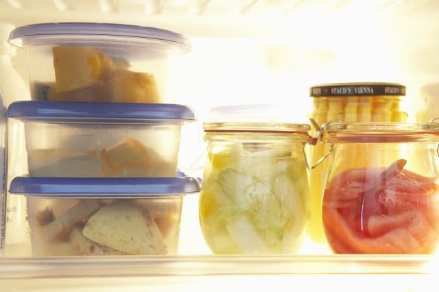 Title:  Various types of food in plastic container pots in refrigeratorCreative image #: 76549801License type: Royalty-free