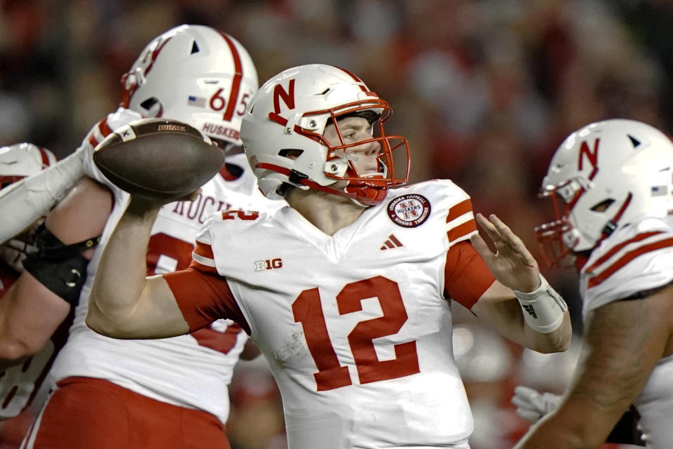 Nebraska's Chubba Purdy throws during the first half of an NCAA college football game against Wisconsin Saturday, Nov. 18, 2023 in Madison, Wis. (AP Photo/Aaron Gash)