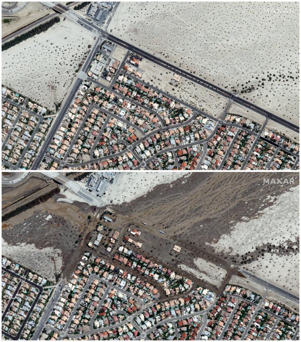 A combination satellite image shows the Cathedral City area before and after flooding caused by Tropical Storm Hilary, in Cathedral City, California, U.S., April 15, 2023 (top) and August 21, 2023 (bottom) (Maxar Technologies/Handout via REUTERS)