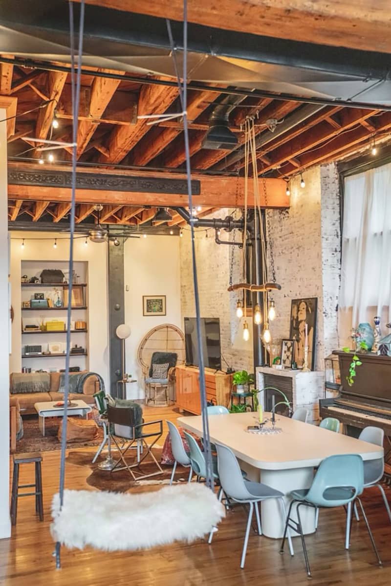 View of living area in loft apartment.