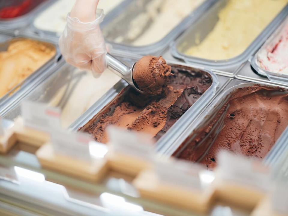 close up of scooping ice cream in gelato cafe