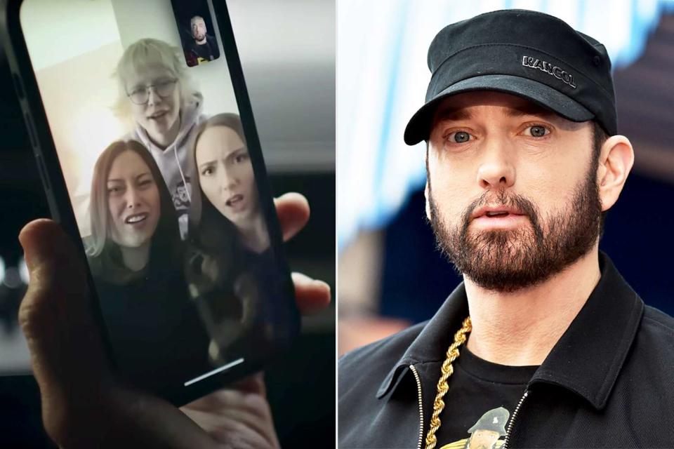 <p>Eminem/YouTube;  Axelle/Bauer-Griffin/FilmMagic</p> Eminem (right) and his three kids (left)