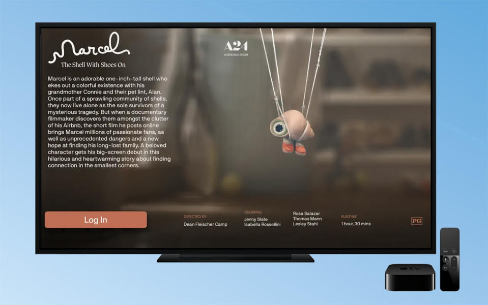 The A24 Screening Room app on a TV hooked up to an Apple TV.