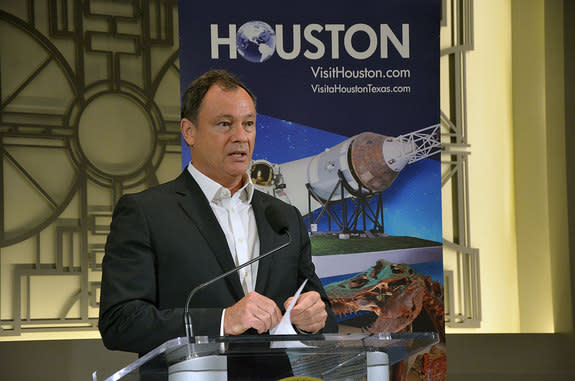 Association of Space Explorers-USA president and former NASA astronaut Michael Lopez-Alegria speaks at the press conference announcing Houston as the host city for the 32nd Planetary Congress at Houston City H