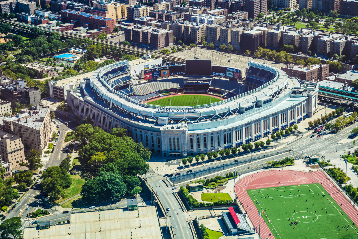 Aerial view of entire Yankee Stadium, New York City, home of the New York Yankees with surrounding area such an a soccer field