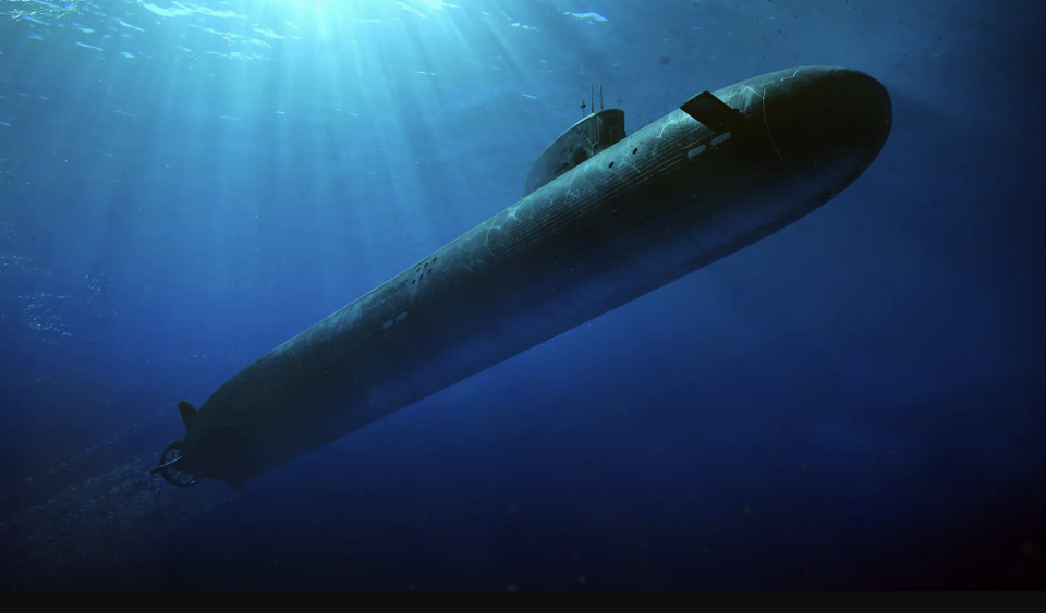 Concept art of the submerged AUKUS class SSN. <em>U.K. Ministry of Defense illustration</em><br>