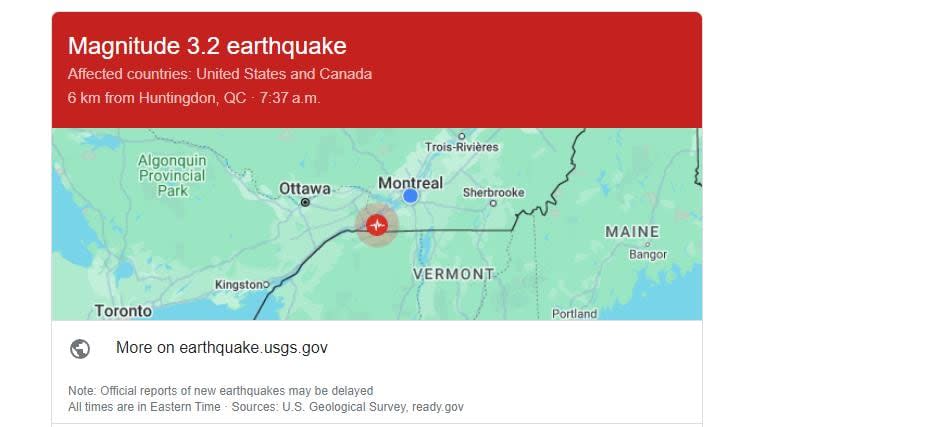 A 3.2 magnitude quake shook Quebec near the Ontario border Thursday morning. Tremors were reportedly felt in Cornwall, Ont. and Vermont in the United States.  (U.S. Geological Survey - image credit)