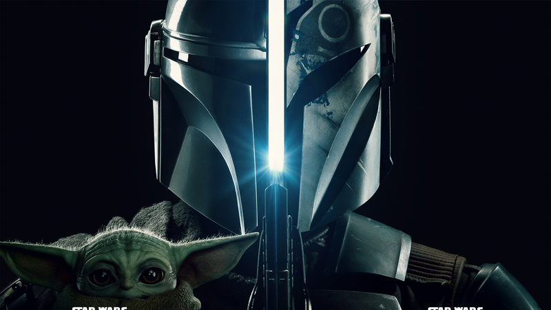 Poster for Star Wars: The Mandalorian, featuring Grogu, Din, and Bo-Katan.