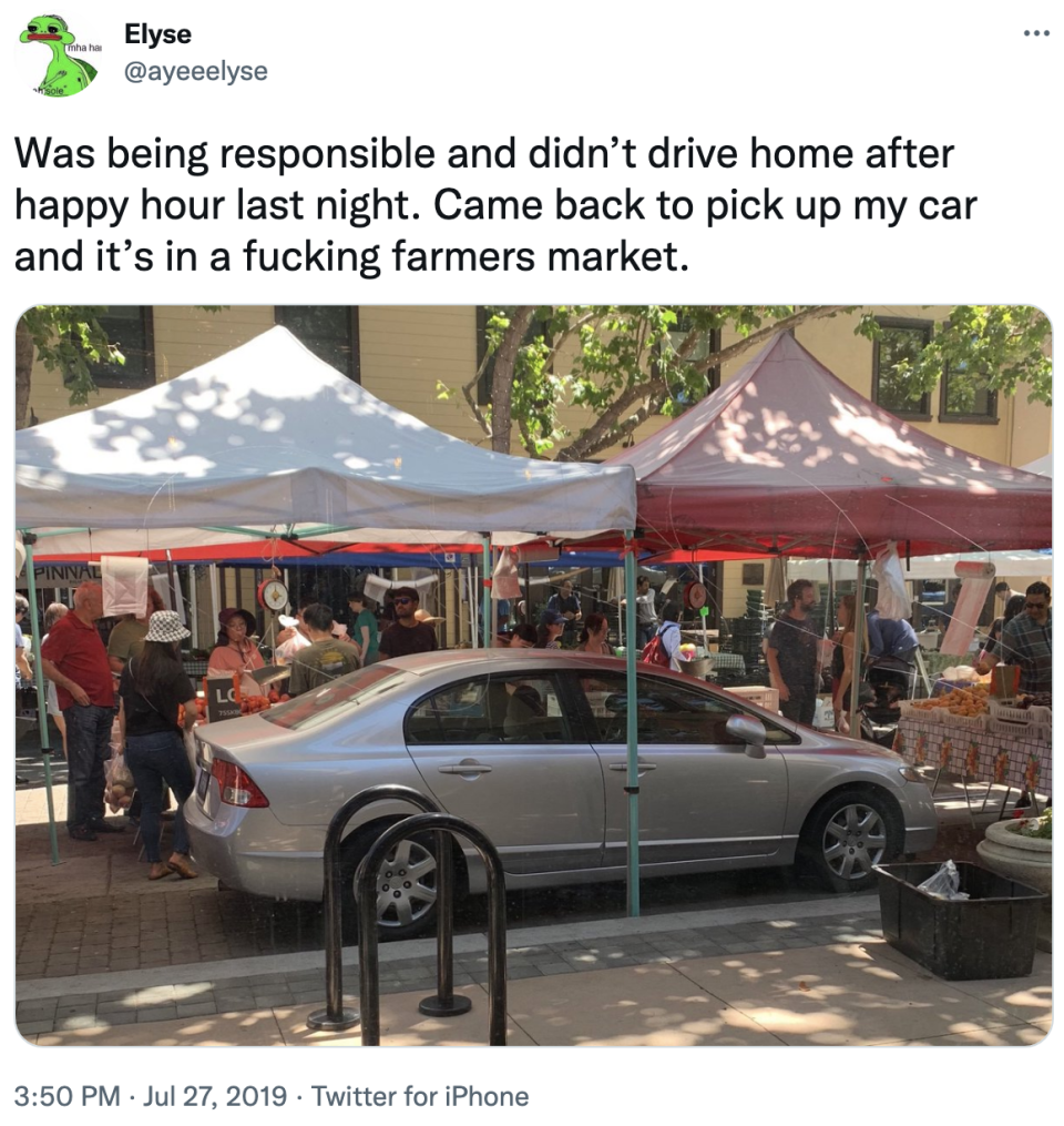 was being responsible and didn't drive home after happy hour last night. came back to pick up my car and it's in a fucking farmer's market. including the photo with the car underneath some tents while people sell