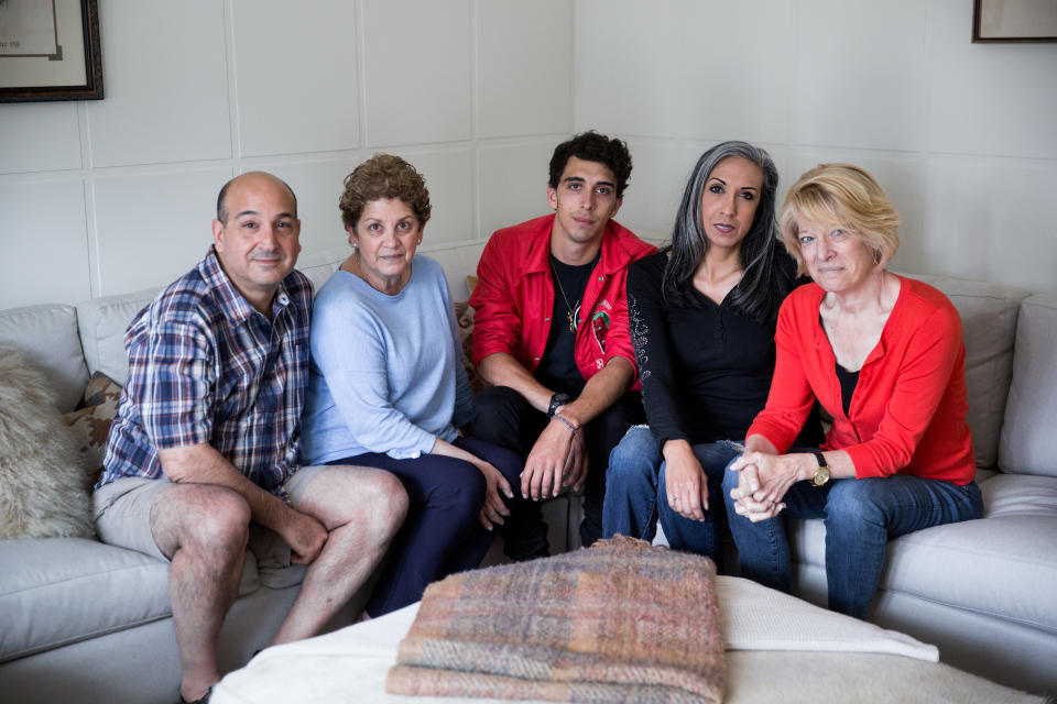 From left: Andrew Matt, Judy Matt, Michael Matt, Gina Aparicio and Lisa Belkin in the Matts’ home on June 24, 2018, in Providence, R.I. (Kayana Szymczak for Yahoo News)