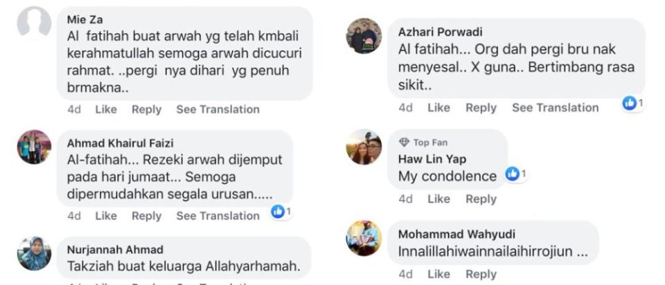 Social media users pray that Husnah is blessed with God’s grace in the afterlife. ― Screengrab via Facebook/@DailyTrafficReports