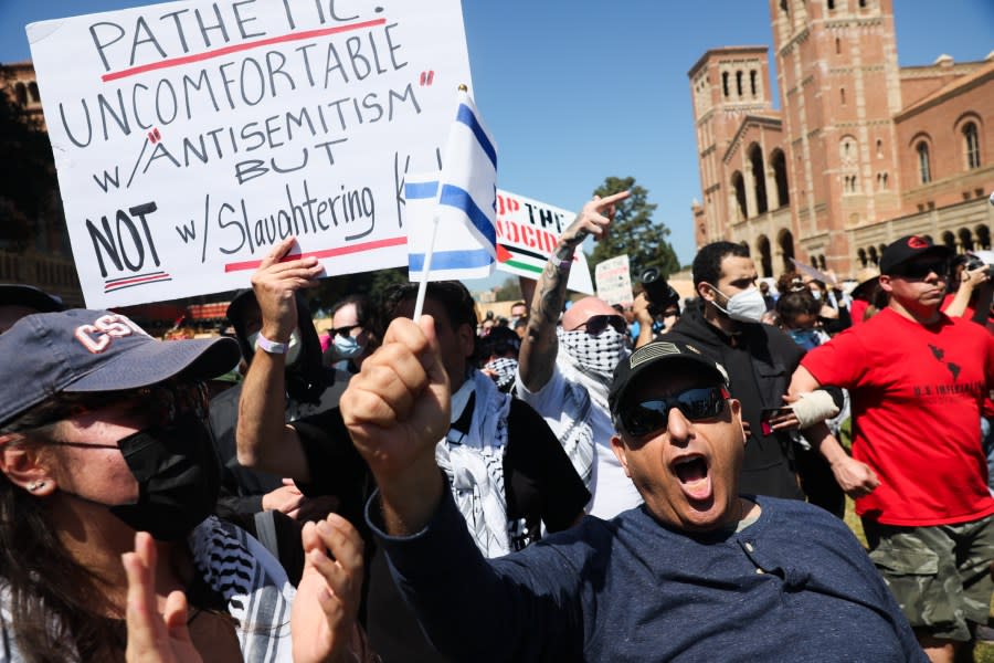WESTWOOD, CA – APRIL 28: Thousands demonstrate in support of Israel as pro-Palestinian counter-protesters surround them at UCLA on Sunday, April 28, 2024 in Westwood, CA. (Robert Gauthier / Los Angeles Times via Getty Images)