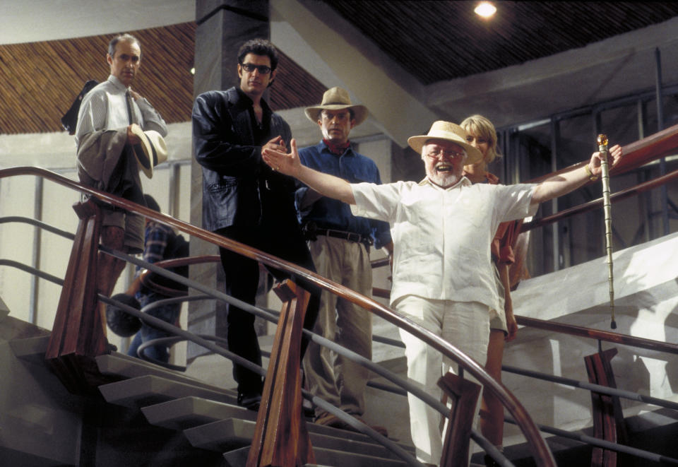 From left to right, actors Martin Ferrero as Gennaro, Jeff Goldblum as Dr. Ian Malcolm, Sam Neill as Dr. Alan Grant, Richard Attenborough as John Hammond and Laura Dern as Dr. Ellie Sattler in a scene from the film 'Jurassic Park', 1993.  (Photo by Murray Close/Getty Images)
