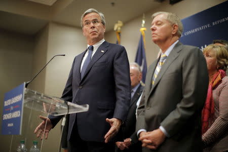 Republican presidential candidate Jeb Bush (L) reacts as he speaks after being endorsed by Senator Lindsey Graham in North Charleston, South Carolina January 15, 2016. REUTERS/Chris Keane