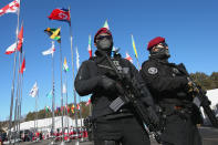 <p>Riot Police patrol during the PyeongChang 2018 Olympic Village opening ceremony at the PyeongChang 2018 Olympic Village Plaza on February 1, 2018 in Pyeongchang-gun, South Korea. (Alexander Hassenstein/Getty Images) </p>