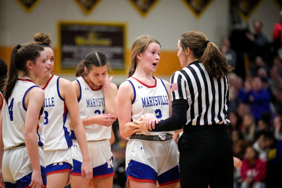 Marysville's Ava Krutowskis talks to an official during the fourth quarter of a 2023 Division I regional semifinal.