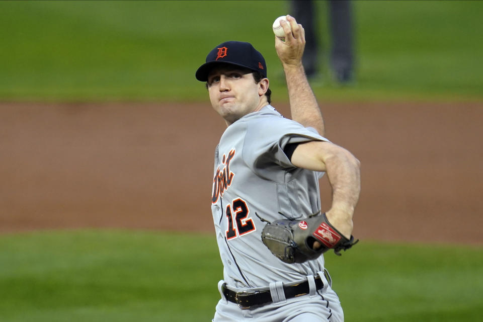 Detroit Tigers pitcher Casey Mize throws to a Minnesota Twins batter during the first inning of a baseball game Wednesday, Sept. 23, 2020, in Minneapolis. (AP Photo/Jim Mone)