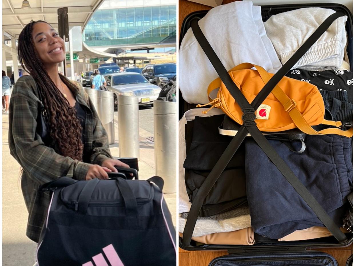 Pauline Villegas standing at the Newark International airport packing for cross country moves Los Angeles New York