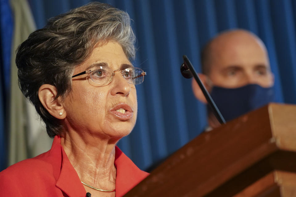 Audrey Strauss, Acting United States Attorney for the Southern District of New York, speaks during a news conference to announce the arrest and indictment against Robert Hadden, Wednesday, Sept. 9, 2020, in New York. Former New York gynecologist Hadden, accused of sexually abusing more than two dozen patients, including the wife of former presidential candidate Andrew Yang, was charged with six counts of inducing others to travel to engage in illegal sex acts. (AP Photo/John Minchillo)