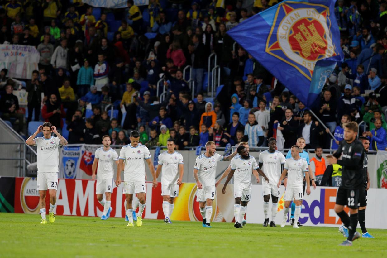 BRATISLAVA, SLOVAKIA - SEPTEMBER 19 : Players of Slovan Bratislava celebrate after a goal during the UEFA Europa League Group K football match between Slovan Bratislava and Besiktas in Bratislava, Slovakia on September 19, 2019.  (Photo by Abdulhamid Hosbas/Anadolu Agency via Getty Images)