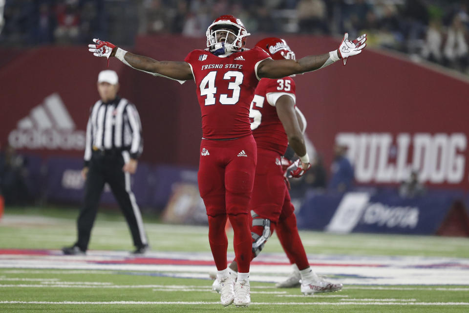Fresno State defensive back Morice Norris celebrates a sack against Wyoming during the first half of an NCAA college football game in Fresno, Calif., Friday, Nov. 25, 2022. (AP Photo/Gary Kazanjian)