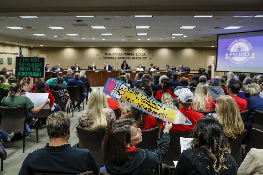 Yorba Linda, CA, Tuesday, November 16, 2021 - An even mix of proponents and opponents to teaching Critical Race Theory are in attendance as the Placentia Yorba Linda School Board discusses a proposed resolution to ban it from being taught in schools. Robert Gauthier/Los Angeles Times)