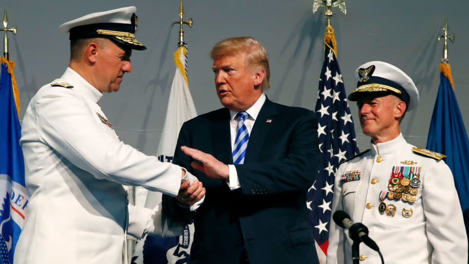 Coast Guard Admiral Karl Schultz took over for Admiral Paul Zukunft as Coast Guard commandant at a Change of Command ceremony in June 2018.  - Jacquelyn Martin/AP