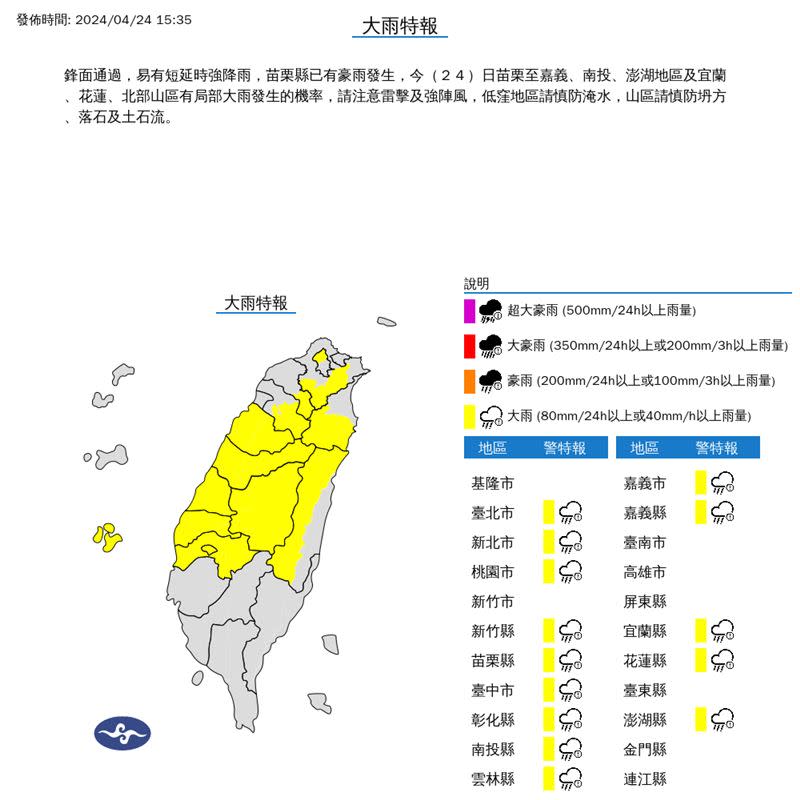 14縣市大雨特報。（圖／氣象署）