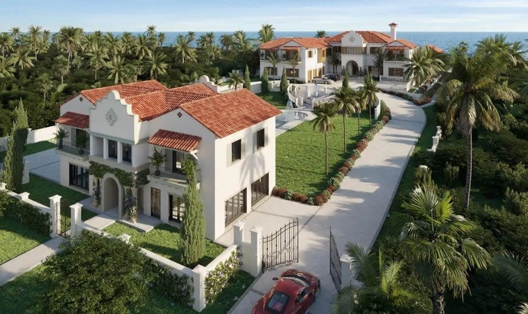 A rendering shows the guesthouse, foreground, designed for an extensive remodeling project of an ocean-to-lake estate in Manalapan at 1140 S. Ocean Blvd., which just sold while under construction for $32.5 million, according to the multiple listing service.