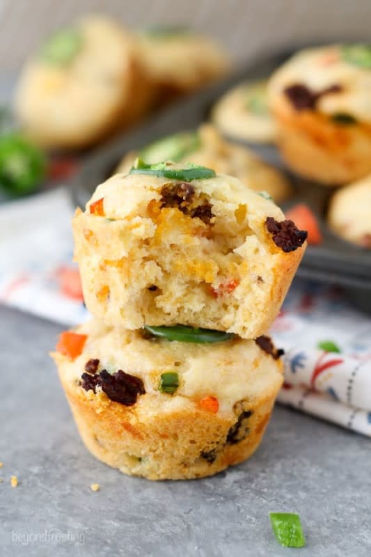 <p>Beyond Frosting</p><p>Tex-Mex muffings stuffed with everything good: chorizo, red peppers, jalapeños and cheddar cheese.</p><p><strong>Get the recipe:</strong> <a href="https://beyondfrosting.com/2017/11/06/spicy-cheddar-chorizo-cornbread-muffins/" rel="nofollow noopener" target="_blank" data-ylk="slk:Spicy Chorizo Cornbread Muffins;elm:context_link;itc:0;sec:content-canvas" class="link rapid-noclick-resp"><strong>Spicy Chorizo Cornbread Muffins</strong></a></p>