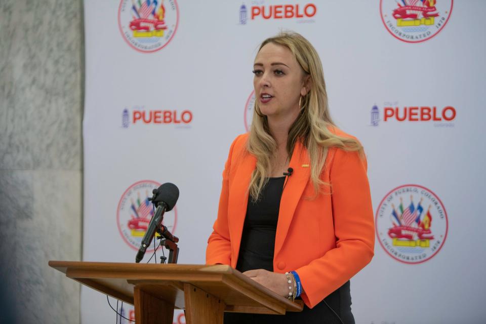 Pueblo Mayor Heather Graham speaks about her first 100 days in office during a press conference at City Hall on Thursday, May 23, 2024.