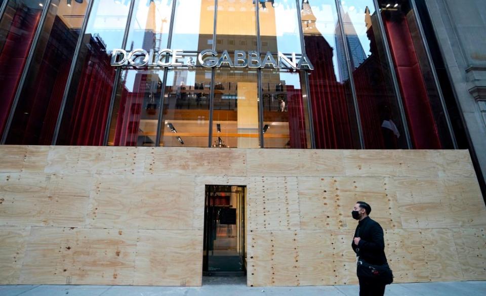 A Dolce & Gabbana store on 5th Avenue in New York boarded up on November 1. Source: Getty