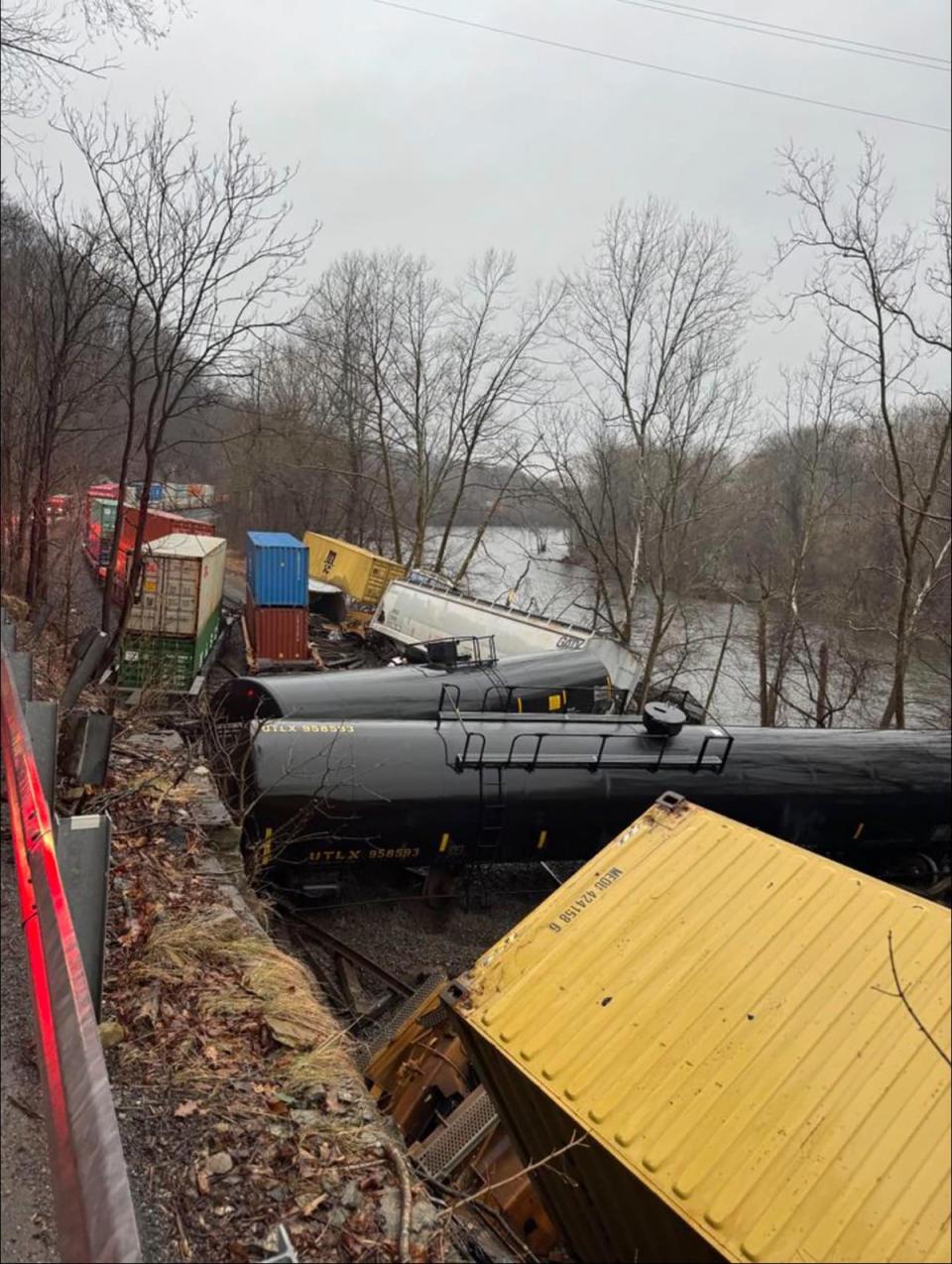 TraThis photo provided by Nancy Run Fire Company shows a train derailment along a riverbank in Saucon Township, Pa., on Saturday, March 2, 2024 Pennsylvania