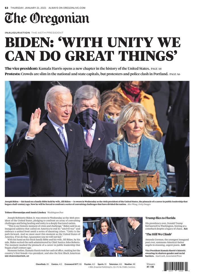 January 21, 2021 front page of The Oregonian