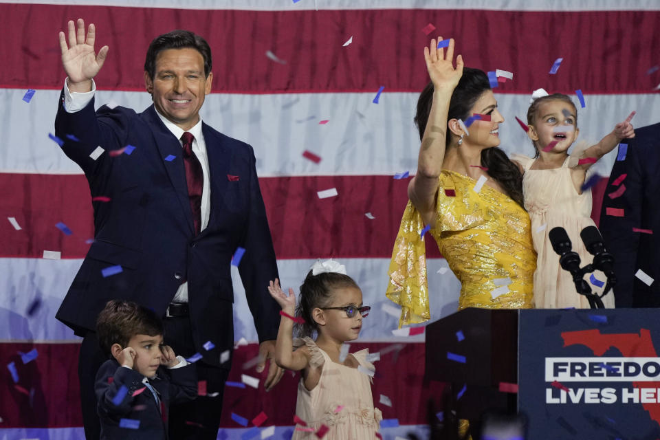 Incumbent Florida Republican Gov. Ron DeSantis, his wife Casey and their children on stage after speaking to supporters at an election night party after winning his race for reelection in Tampa, Fla., Tuesday, Nov. 8, 2022. (AP Photo/Rebecca Blackwell)