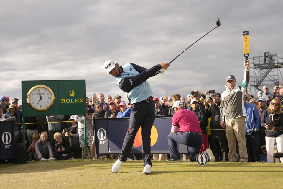 Max Homa of the US plays from the 13th tee during the first round of the British Open golf championship on the Old Course at St. Andrews, Scotland, Thursday July 14, 2022. The Open Championship returns to the home of golf on July 14-17, 2022, to celebrate the 150th edition of the sport's oldest championship, which dates to 1860 and was first played at St. Andrews in 1873. (AP Photo/Gerald Herbert)