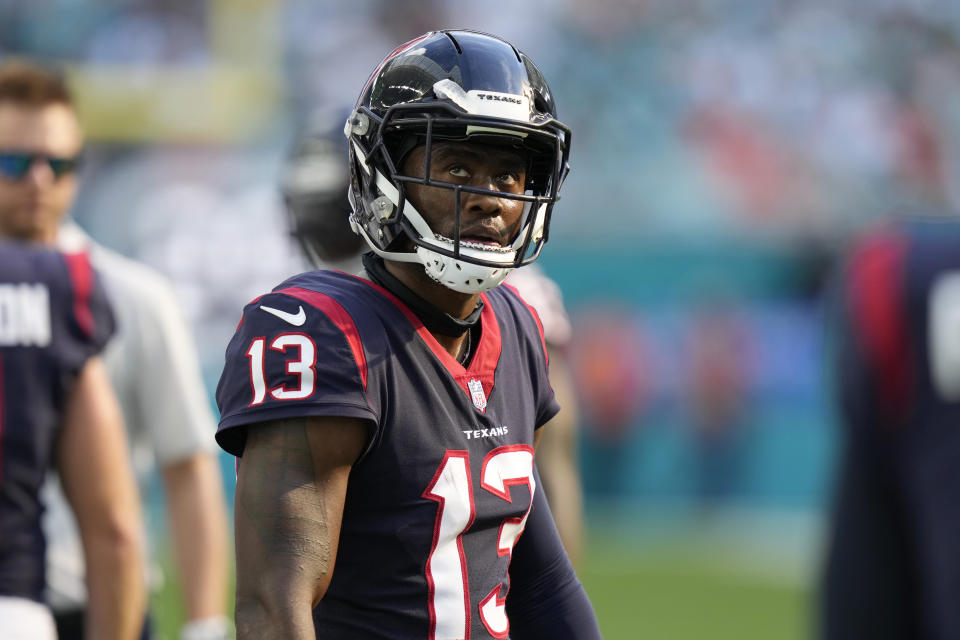 Houston Texans wide receiver Brandin Cooks (13) looks up as the team falls behind the Miami Dolphins during the first half of an NFL football game, Sunday, Nov. 27, 2022, in Miami Gardens, Fla. (AP Photo/Lynne Sladky)