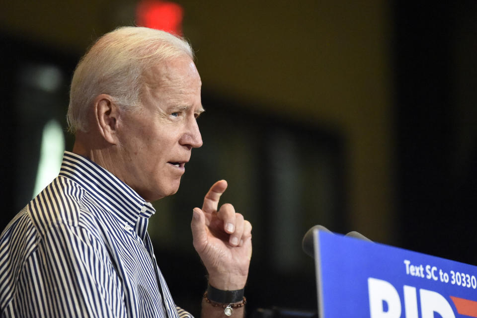 Former Vice President Joe Biden speaks, Wednesday, Aug. 28, 2019, at a town hall for his Democratic presidential campaign in Spartanburg, S.C. (AP Photo/Meg Kinnard)