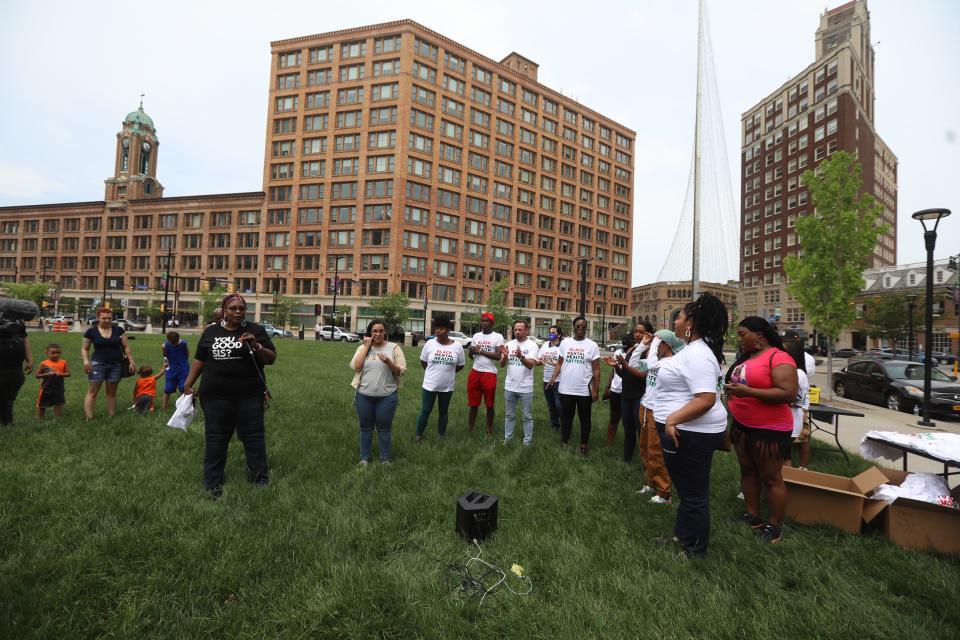 Melanie Funchess addressed a crowd about the importance of getting mental health assistance during an event, Black Mental Health Matters, on Parcel 5 in 2021.