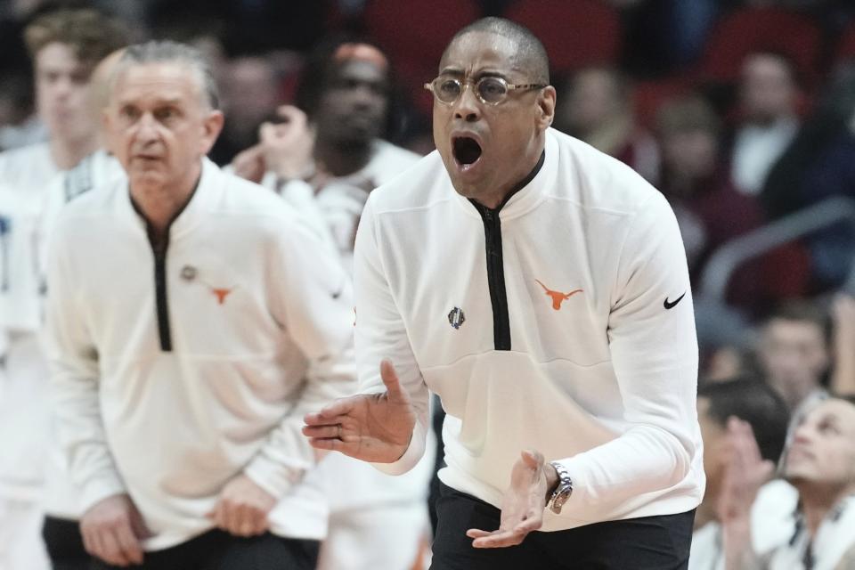 Texas head coach Rodney Terry reacts during the second half of a first-round college basketball game in the NCAA Tournament Thursday, March 16, 2023, in Des Moines, Iowa. (AP Photo/Morry Gash)