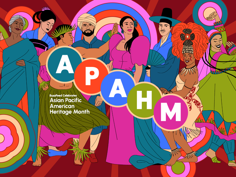 Illustration celebrating Asian Pacific American Heritage Month with diverse animated characters and APAHM acronym prominently displayed